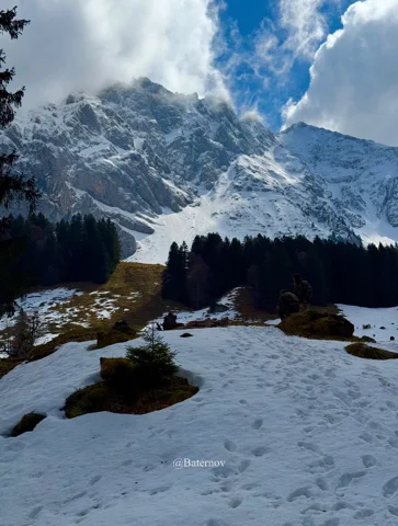 Verschneite Lichtung unter steilem wolkenverhangenem Berg