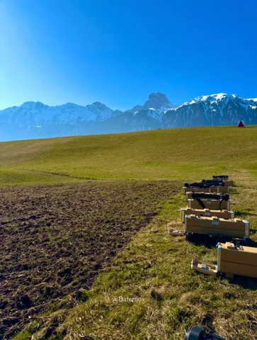 Ausrüstung neben einem Feld mit Bergen dahinter